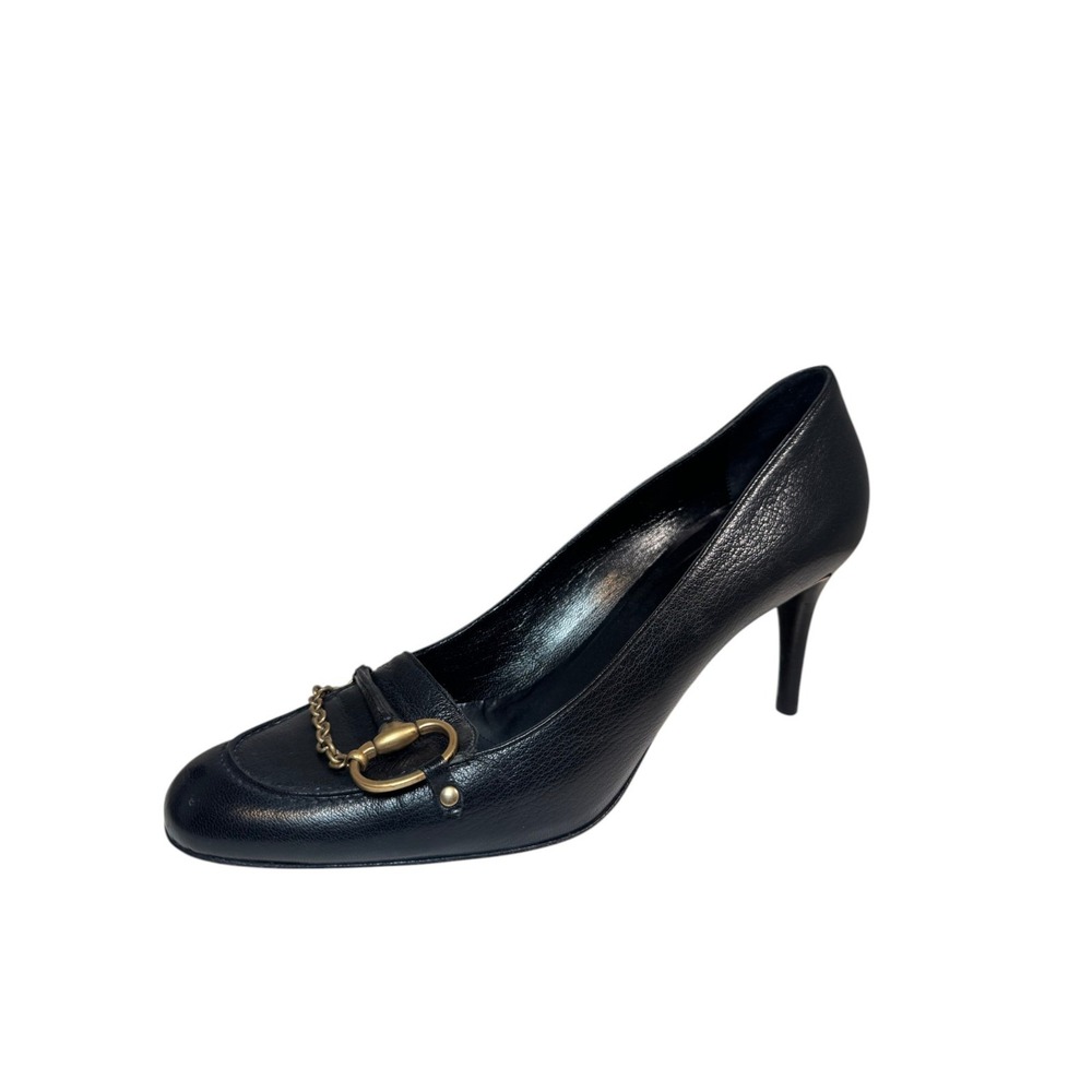 Gucci Hasler Horsebit Loafer Pumps 39/8.5 Black Leather Chain Accent Heels